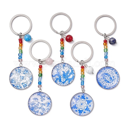 Schlüsselanhänger aus Glas mit blauem und weißem Blumendruck KEYC-JKC00554-1