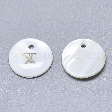 パールシェルのチャームのナチュラルホワイトシェルマザー  アイロンステッカー付き  アルファベット付きフラットラウンド  文字.x  13x2mm  穴：1.5mm X-SSHEL-N036-053X-1