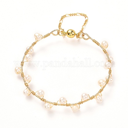 女の子の女性のための天然真珠編みバングル  マグネットクラスプ付き真鍮カフバングル  ゴールドカラー  内径：2.24~2.48インチ（57~63mm） BJEW-JB06830-02-1