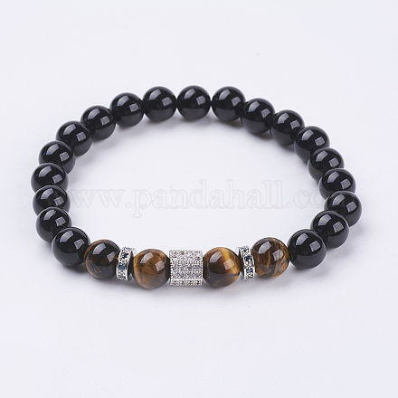 Natürliches Tigerauge & schwarzes Obsidian & Zirkonia-Perlen-Stretch-Armband BJEW-P188-06B-01-1
