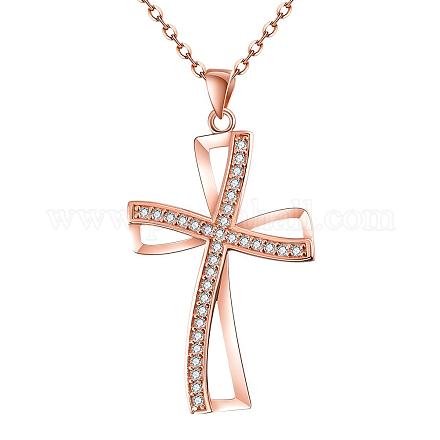Véritables colliers pendentif croix en laiton plaqué or rose avec zircone cubique NJEW-BB05742-RG-1