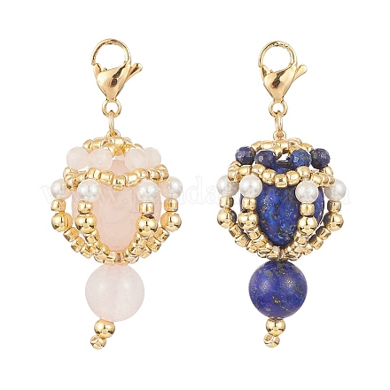 Décorations de pendentif en perles de lapis-lazuli naturel et de quartz rose HJEW-MZ00035-1