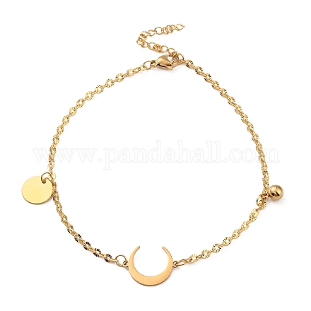 Placage ionique (ip) 304 bracelet de cheville à double corne en acier inoxydable avec breloques boule pour femme AJEW-G049-03G-1