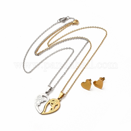 Coeur avec garçon et fille assortis colliers pendentifs et boucles d'oreilles SJEW-E045-04GP-1