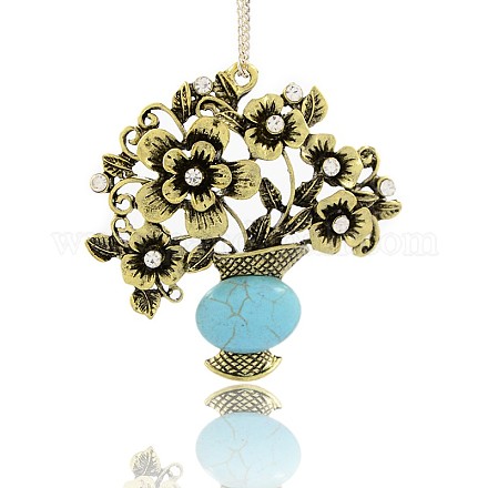 Antique Bronze Plated Alloy Synthetic Turquoise Flower Vase Big Pendants PALLOY-J237-02AB-NF-1