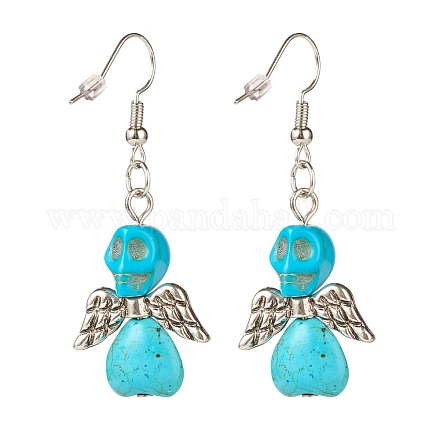 Synthetic Turquoise Skull with Wings Dangle Earrings EJEW-JE04944-04-1