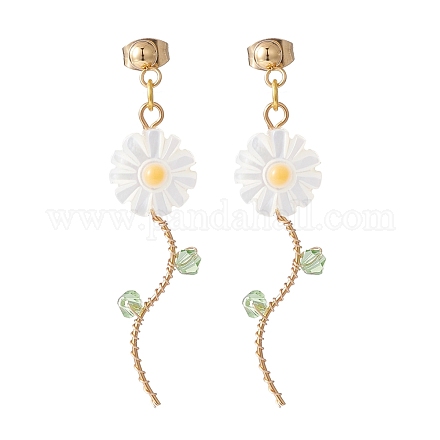 Sunflower Natural Shell Beads Long Dangle Stud Earrings for Her X1-EJEW-TA00021-1