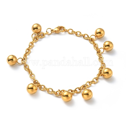Placage sous vide 201 bracelet à breloques perles rondes en acier inoxydable avec 304 chaînes en acier inoxydable pour femme BJEW-E108-07G-1