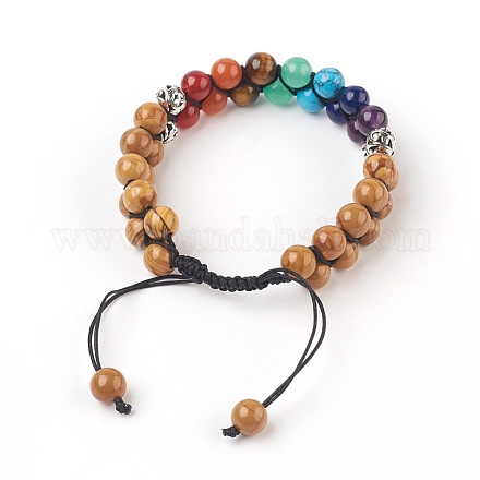 Bracelets de perles tressées en bois pétrifié naturel chakra BJEW-O164-A04-1