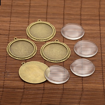 Supports pendentif en alliage vintage style tibétain et de cabochons de verre transparent rondes plates DIY-X0227-AB-NF-1