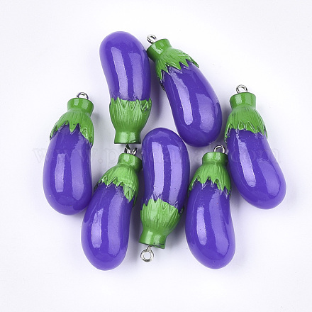 樹脂チャーム  プラチナメッキ鉄パーツ  模造食品  茄子  青紫色  39~41x15x14.5~15mm  穴：2mm X-RESI-T028-41-1