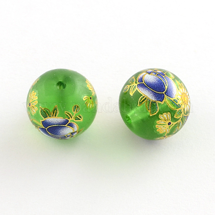 Flower Pattern Frosted Glass Round Beads GFB-R004-14mm-C14-1