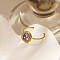 Stainless Steel Micro Pave Cubic Zircon Adjustable Open Cuff Rings for Women, Round, Real 18K Gold Plated, Purple, Round: 10.46mm