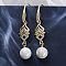 Brass Micro Pave Clear Cubic Zirconia Dangle Earrings, with ABS Imitation Pearl, Rack Plating, Long-Lasting Plated, Lead Free & Cadmium Free, Leaf & Round, Real 18K Gold Plated, 50x10mm