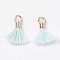 Polycotton(Polyester Cotton) Tassel Pendant Decorations, Mini Tassel, with Brass Clasps & Iron Rings, Light Gold, Light Cyan, 10~15x3~4mm, Hole: 2mm