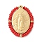 304 Stainless Steel Charms, Oval with Jesus, with Glass Seed Beads, Real 14K Gold Plated, Red, 25.5x19x2.5mm, Hole: 1.2mm