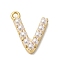Plastic Imitation Pearl Pendants, with Brass Findings, Golden, Letter V, 7~14x13.5~15x3mm, Hole: 1.3~1.4mm