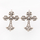 Alliage strass croix gros pendentifs gothiques, sans plomb et sans cadmium, argent antique, 75x50x7mm, Trou: 3.5mm