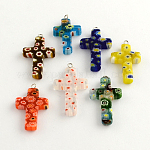 Handmade Millefiori Glass Pendants, with Platinum Plated Iron Findings, Cross, Mixed Color, 30~35x20~22x4mm, Hole: 1.5~2mm
