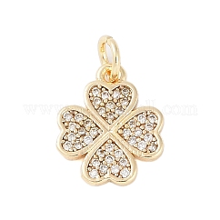 Chapado en rack latón micro pavimentar encantos de circonita cúbica transparente, con anillo de salto, Plateado de larga duración, sin plomo y el cadmio, trébol de cuatro hojas, real 18k chapado en oro, 13.5x11.5x1.5mm, agujero: 3 mm