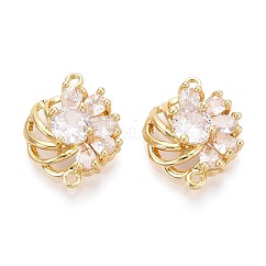 Ciondoli connettore in ottone con pavé di zirconi cubici trasparenti, link di fiori, placcato di lunga durata, oro, 15x19x6mm, Foro: 1~1.5 mm