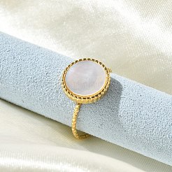 Anillos de puño de concha blanca de acero inoxidable 304 redondos y planos para mujer&nbsp;RJEW-G346-10G-02