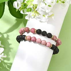 Bracelets extensibles ajustables en rhodonite naturelle et en pierre de lave naturelle&nbsp;BJEW-JB14150-01