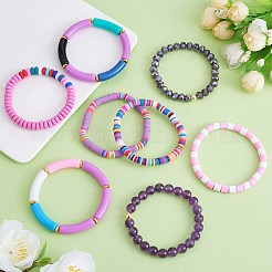 Set di 8 braccialetti elastici con perline di vetro e diaspro imperiale sintetico in 6 stili&nbsp;BJEW-SW00086-03
