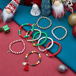 9 pièces 9 mots de style joyeux noël faits à la main en argile polymère heishi surfeur bracelets extensibles sertis d'acrylique&nbsp;BJEW-SW00070