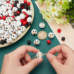 180 pièce 6 styles de perles européennes en bois à imprimé bonhomme de neige de Noël&nbsp;WOOD-PH0003-03A