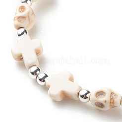 Synthetisches türkisfarbenes (gefärbtes) Stretch-Armband mit Kreuz und Totenkopfperlen&nbsp;BJEW-JB08451-01