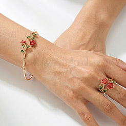 Ensembles de bracelets manchettes et bagues en laiton émaillé à motif de camélia pour femmes&nbsp;WGC9600-01