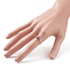 Anello a polsino aperto con perline rotonde in ametista naturale&nbsp;RJEW-TA00041-02