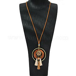 Collier long bohème en alliage et bois avec pendentif pompon et cordon en similicuir pour femme&nbsp;FS-WG938A0-08