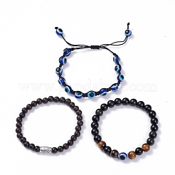 3 pièces 3 styles obsidienne naturelle et oeil de tigre et bois ensemble de bracelets extensibles&nbsp;BJEW-JB07622
