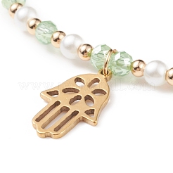 Bracciale elastico con perline di vetro e ciondolo a forma di mano di Hamsa in acciaio inossidabile 304 per donna&nbsp;BJEW-JB08522