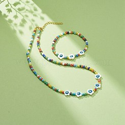 Fiore di conchiglia naturale con malocchio e braccialetto elasticizzato con collana di perline di semi di vetro&nbsp;SJEW-JS01248