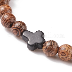 4 pièces 4 styles de bracelets extensibles en bois naturel et turquoise synthétique (teint) et hématite avec perles croisées&nbsp;BJEW-JB08423