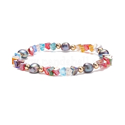 Bracciale elasticizzato da donna con perle naturali e perline triangolari in vetro&nbsp;BJEW-JB08230