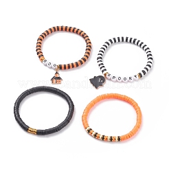 4 Stück 4 Stil Polymer Clay Heishi Surfer Stretch Armbänder Set mit Wort Spooky Boo Acrylperlen&nbsp;BJEW-TA00127