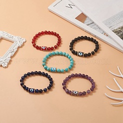 5 pièces 5 style naturel et synthétique mixte pierres précieuses et lampwork mauvais œil perlé bracelets extensibles ensemble pour les femmes&nbsp;BJEW-TA00234