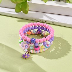 4pcs 4 bracciali elasticizzati fatti a mano in argilla polimerica heishi con perline da surfista con perline acriliche sorridenti&nbsp;BJEW-JB09097