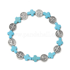 2 bracelet extensible en perles rondes plates en alliage et turquoise synthétique teintées de 2 couleurs pour hommes et femmes&nbsp;BJEW-JB12282