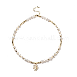 Collier pendentif vierge marie en laiton avec chaînes de perles naturelles pour femmes&nbsp;NJEW-JN04144-01