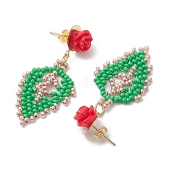 Boucles d'oreilles roses avec perles de rocaille en forme de feuille&nbsp;EJEW-MZ00222-03