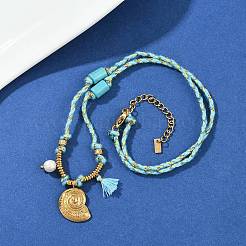 Collar de cordón de algodón con colgante en forma de concha de acero inoxidable 304&nbsp;NJEW-C093-05A-G