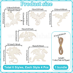 Ensemble de 24 pendentif dragon en bois brut (6 styles différents) pour peinture artistique&nbsp;AJEW-WH0752-611