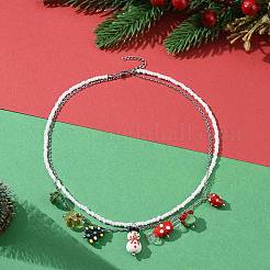 Collier double couche en perles de verre et chaîne en acier inoxydable 304&nbsp;NJEW-TA00074