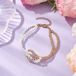 4 mm runde Perlenmuschel- und Messing-Perlenarmbänder mit 2 Strängen für Damen&nbsp;BJEW-JB10554
