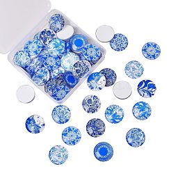 50 Stück blau-weiß bedruckte Glascabochons&nbsp;GGLA-SZ0001-23